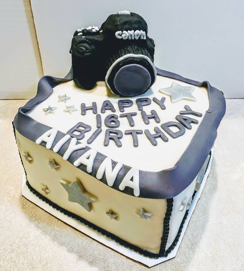 Sweet 16 cake topped with a sculpted camera and silver stars