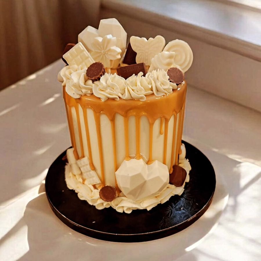 Caramel drip cake topped with white chocolate shapes and peanut butter cups