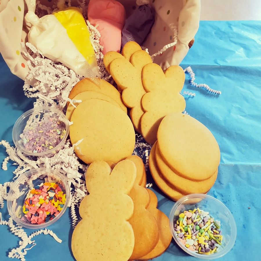 Easter cookie decorating kit with bunny and egg cookies, icing bags and sprinkles