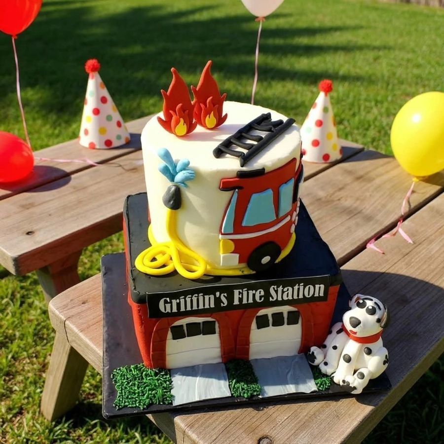 Two-tier fire station cake with a fire truck, hose, flames and a dalmatian
