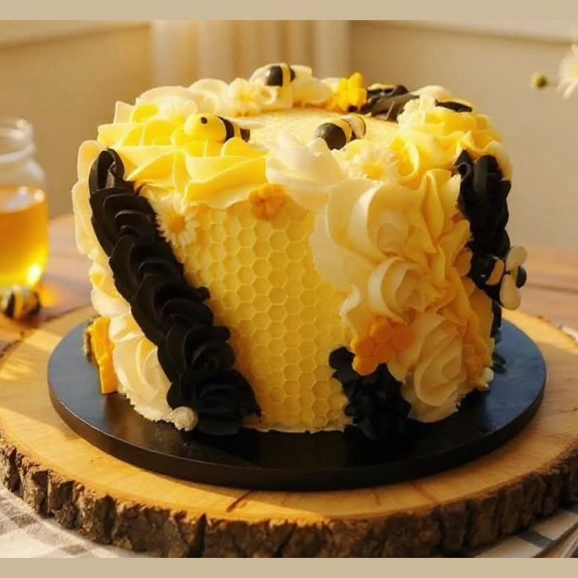 Yellow honeycomb cake with buttercream roses and little fondant bees